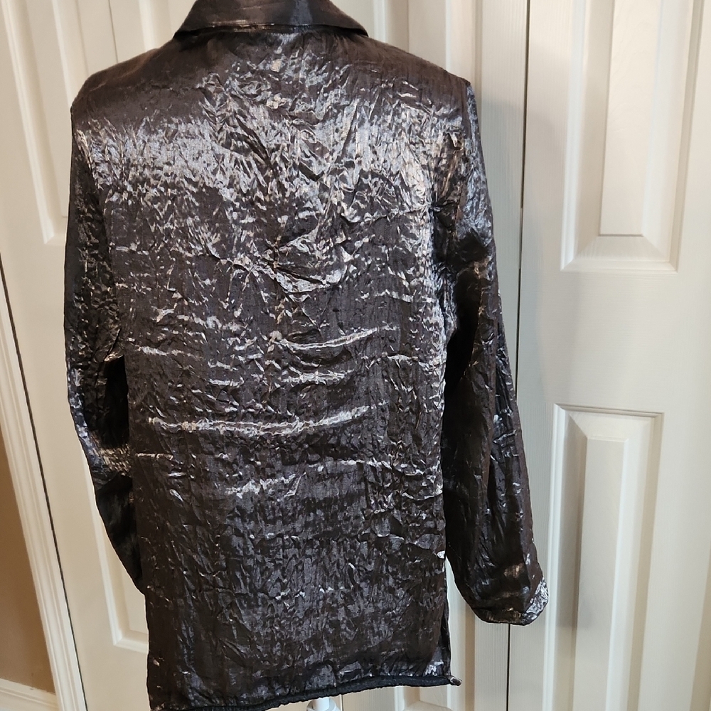 Metallic Crushed Satin Button-Up Blouse - Charcoal Gray L - Picture 6 of 11